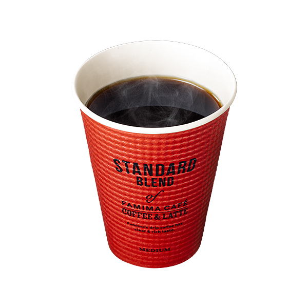 ファミリーマートのブレンドM。税込価格：220円、カロリー：7.2kcal、たんぱく質：0.2g、脂質：0g、炭水化物：1.4g、食塩相当量：0g。同価格で濃厚もお選びいただけます。