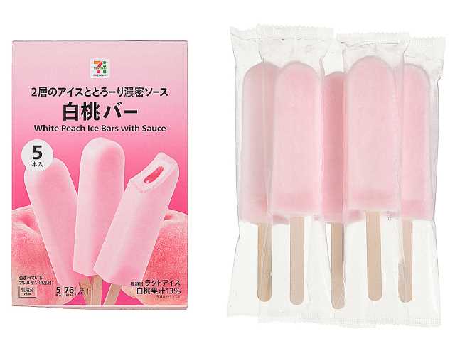 セブンイレブンの７プレミアム 白桃バーマルチを比較する。税込価格：322円、カロリー：76kcal、1円あたりカロリー：0.24kcal/円、たんぱく質：0.4g、1円あたりたんぱく質：0.01未満g/円、脂質：1.8g、炭水化物：14.7g、糖質：14.5g、食物繊維：0.2g、食塩相当量：0g。シャキッとした食感の白桃アイスキャンディーと口当たりの良い白桃アイスにとろっと濃密な白桃ソースを入れたバーアイスのマルチタイプです。アレルギー：乳。