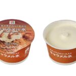 セブンイレブンの７プレミアム キャラメル氷を比較する。税込価格：257円、カロリー：153kcal、1円あたりカロリー：0.60kcal/円、たんぱく質：1.3g、1円あたりたんぱく質：0.01g/円、脂質：3.3g、炭水化物：30g、糖質：28.9g、食物繊維：1.1g、食塩相当量：0.2g。軽やかなホイップアイスと、ほぐれやすいキャラメル氷の2層仕立て、センターにはとろりとした生キャラメルソースが入っています。アレルギー：乳。