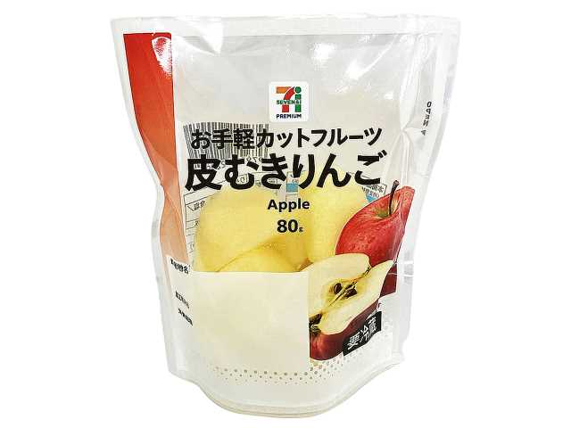 セブンイレブンの７プレミアム皮むきりんご。税込価格：192円、カロリー：46kcal、たんぱく質：0.2g、脂質：0.1g、炭水化物：11.5g、糖質：10.5g、食物繊維：1g、食塩相当量：0.1g。皮をむいて食べやすい大きさにカットをしたりんごです。外出時や忙しい朝など、手軽に果物が食べられます。