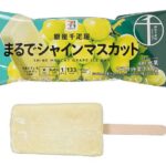 セブンイレブンの７プレミアム銀座千疋屋まるでシャインマスカットを比較する。税込価格：322円、カロリー：133kcal、1円あたりカロリー：0.41kcal/円、たんぱく質：0.2g、1円あたりたんぱく質：0.01未満g/円、脂質：0g、炭水化物：33.1g、糖質：32.8g、食物繊維：0.3g、食塩相当量：0g。冷凍した果実を食べているような「まるで」シリーズのシャインマスカット味のアイスバーです。アレルギー：卵、乳。