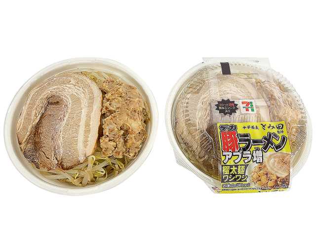 中華蕎麦とみ田監修デカ豚ラーメン アブラ増 セブンイレブン 「中華蕎麦とみ田」監修の豚骨醤油ラーメン。背脂にんにくを増量した、パンチの効いたクセになるスープと、ワシワシ食感の極太麺が特長。