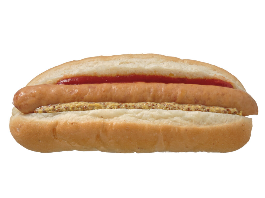 セブンイレブンのホットドッグ。税込価格：194円、カロリー：271kcal、たんぱく質：9.5g、脂質：16.2g、炭水化物：22.3g、糖質：21.3g、食物繊維：1g、食塩相当量：1.5g。小麦の風味を感じられるパン生地に食感の良いソーセージを挟んだホットドッグです。アレルギー：卵、乳、小麦。