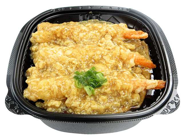 セブンイレブンのお出汁がしみ込む海老天とじ丼を比較する。税込価格：754円、カロリー：632kcal、1円あたりカロリー：0.84kcal/円、たんぱく質：17.8g、1円あたりたんぱく質：0.02g/円、脂質：12.5g、炭水化物：112.7g、糖質：111.5g、食物繊維：1.2g、食塩相当量：3.9g。海老天を３本盛り付けた、出汁の旨味とやわらかくとじた玉子を味わえる丼です。アレルギー：卵、小麦、えび。