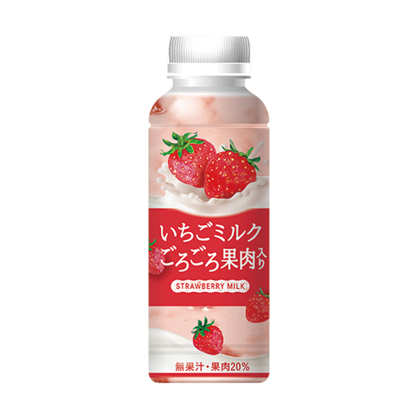 ファミリーマートのいちごミルク。税込価格：290円。ざく切りのいちご果肉がたっぷり入った、ごろごろとした食感が楽しめるデザート飲料です。