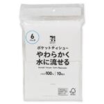 セブンイレブンの７ＰＬ水に流せる ポケットティシュー６Ｐ。税込価格：141円。パルプを100%使用した柔らかく滑らかな肌触りのポケットティシュ6P、使用後は水に流すことも可能。