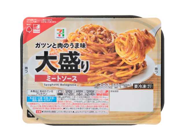 セブンイレブンの７プレミアム 大盛りミートソースを比較する。税込価格：300円、カロリー：582kcal、1円あたりカロリー：1.94kcal/円、たんぱく質：20.4g、1円あたりたんぱく質：0.07g/円、脂質：17.4g、炭水化物：89.1g、糖質：82.4g、食物繊維：6.7g、食塩相当量：4.3g。ガツンとした肉のうま味が味わえる大盛りミートソースです。アレルギー：乳、小麦。