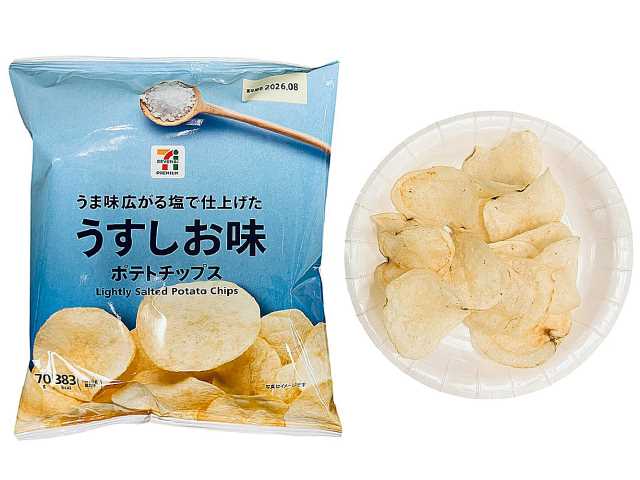 セブンイレブンの７プレミアム ポテトチップス うすしお味を比較する。税込価格：160円、カロリー：383kcal、1円あたりカロリー：2.40kcal/円、たんぱく質：3.8g、1円あたりたんぱく質：0.02g/円、脂質：24.4g、炭水化物：38.3g、糖質：35.6g、食物繊維：2.7g、食塩相当量：0.7g。パリッとした軽い食感の生地と、まろやかな口当たりの塩味が特長のポテトチップスです。アレルギー：なし。