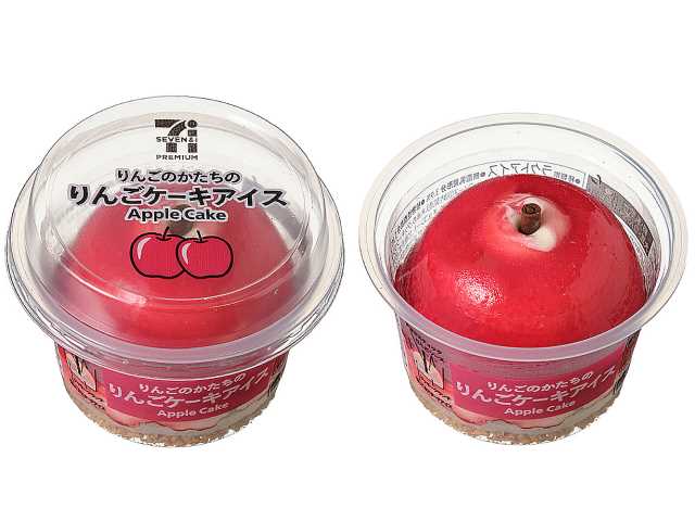 セブンイレブンの７プレミアム りんごケーキアイスを比較する。税込価格：322円、カロリー：210kcal、1円あたりカロリー：0.65kcal/円、たんぱく質：2.3g、1円あたりたんぱく質：0.01g/円、脂質：7.3g、炭水化物：34.1g、糖質：33.6g、食物繊維：0.5g、食塩相当量：0.1g。りんごのようなインパクトある見た目のりんごケーキアイスです。アレルギー：卵、乳、小麦。