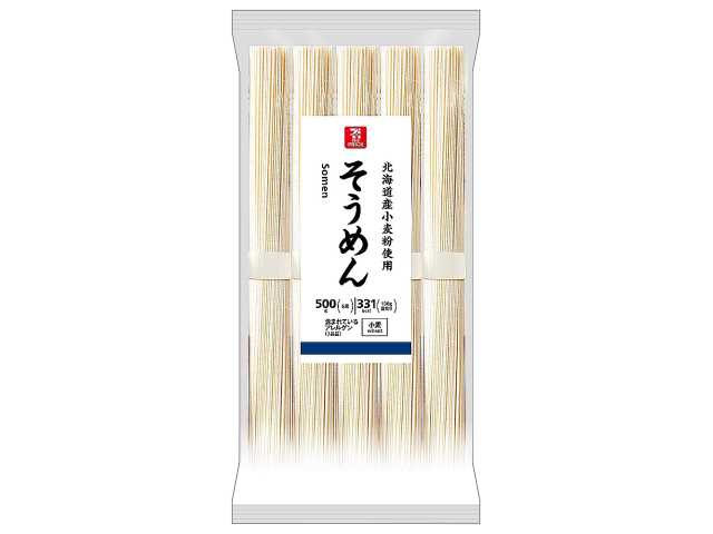 セブンイレブンの７ザ・プライス そうめん ５００ｇを比較する。税込価格：214円、カロリー：331kcal、1円あたりカロリー：1.55kcal/円、たんぱく質：9.5g、1円あたりたんぱく質：0.04g/円、脂質：1.4g、炭水化物：71.4g、糖質：69g、食物繊維：2.4g、食塩相当量：3.7g。小麦のつるみとなめらかさが引き立つそうめんです。アレルギー：小麦。