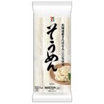 セブンイレブンの７プレミアム そうめん ３６０ｇを比較する。税込価格：214円。北海道産きたほなみを１００％使用した小麦の香りが引き立つ、つるみと程良いコシが決め手のそうめんです。アレルギー：小麦。
