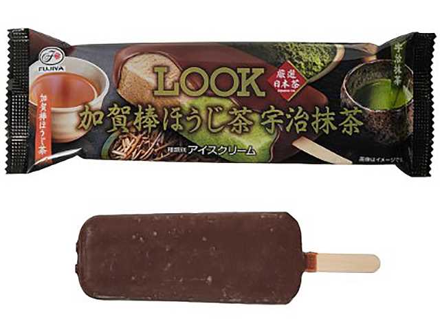 セブンイレブンの不二家ＬＯＯＫ加賀棒ほうじ茶＆宇治抹茶を比較する。税込価格：214円。アレルギー：乳。