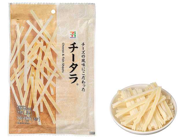 セブンイレブンの７プレミアム チータラ ７６ｇを比較する。税込価格：408円、カロリー：266kcal、1円あたりカロリー：0.65kcal/円、たんぱく質：13.2g、1円あたりたんぱく質：0.03g/円、脂質：17g、炭水化物：15.4g、糖質：14.6g、食物繊維：0.8g、食塩相当量：1.7g。チーズのなめらかな食感とコクをお楽しみいただけます。アレルギー：乳、小麦。