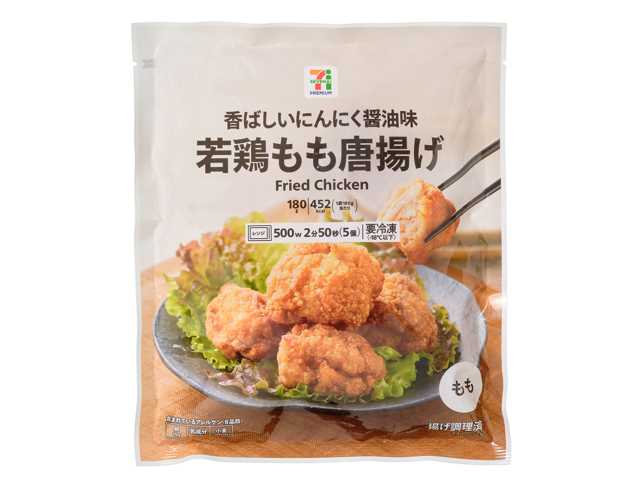 セブンイレブンの７プレミアム 若鶏もも唐揚げを比較する。税込価格：322円、カロリー：452kcal、1円あたりカロリー：1.40kcal/円、たんぱく質：24.3g、1円あたりたんぱく質：0.08g/円、脂質：27.5g、炭水化物：27.2g、糖質：26.5g、食物繊維：0.7g、食塩相当量：2.4g。香ばしいにんにく醤油味の若鶏もも唐揚げです。アレルギー：卵、乳、小麦。