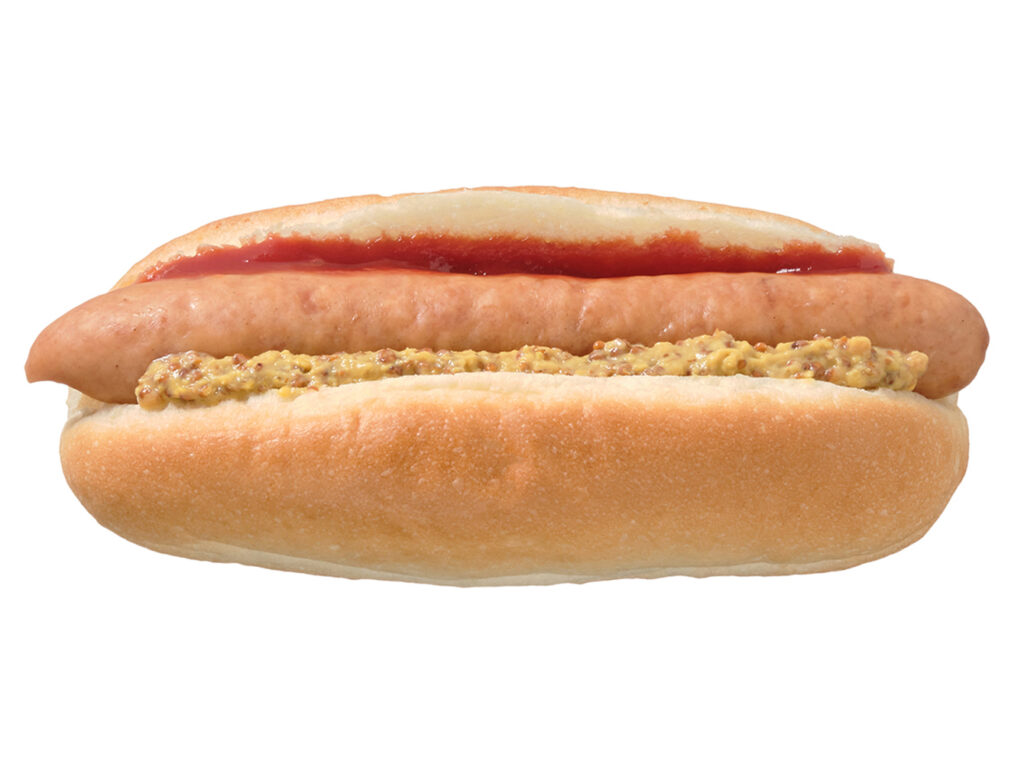 セブンイレブンのこだわりの旨みソーセージ ホットドッグ。税込価格：214円、カロリー：263kcal、たんぱく質：9.2g、脂質：15.4g、炭水化物：22.4g、糖質：21.4g、食物繊維：1g、食塩相当量：1.5g。小麦の風味を感じられるパン生地に食感の良いソーセージを挟んだホットドッグです。アレルギー：卵、乳、小麦。
