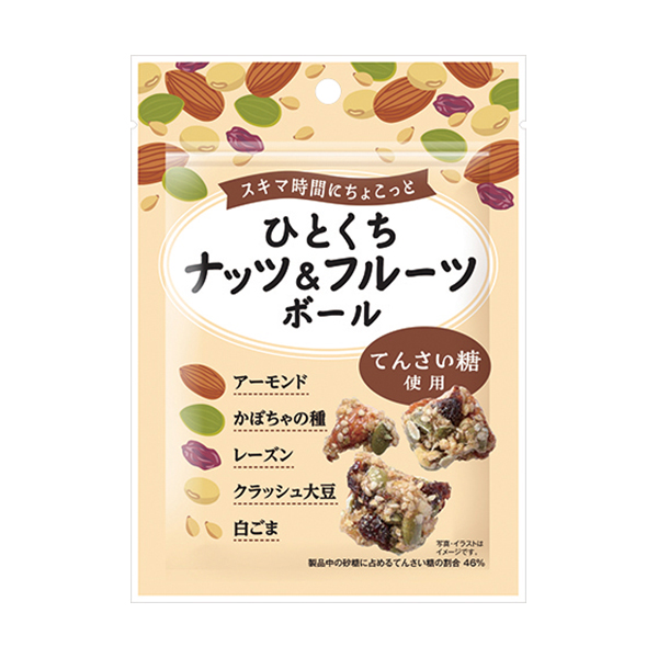 ファミリーマートのモントワール ひとくちナッツ&フルーツボールを比較する。税込価格：267円。アーモンド、かぼちゃの種、レーズン、クラッシュ大豆、白ごまをてんさい糖の蜜でぎゅっと固めました。 ［ファミリーマート先行発売・数量限定］。