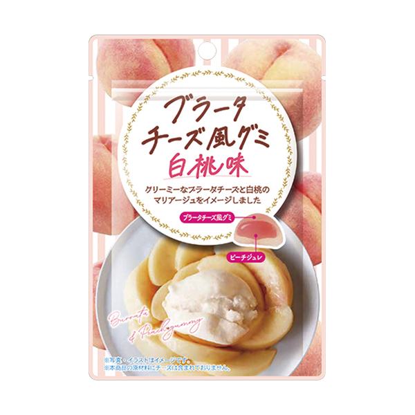 ファミリーマートの日進乳業 ブラータチーズ風グミ 白桃味を比較する。税込価格：198円。クリーミーなブラータチーズと白桃のマリアージュをイメージしたグミです。 ［ファミリーマート先行発売・数量限定］。