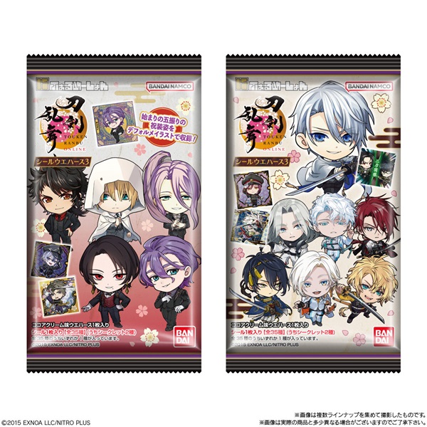 ファミリーマートのにふぉるめーしょん 『刀剣乱舞ONLINE』 シールウエハース3。税込価格：148円。にふぉるめーしょん『刀剣乱舞ONLINE』シールウエハースの第3弾が発売です。 全種オリジナル描き起こしイラストを使用。 祝装レアはキラキラ輝くホログラムに箔押しの豪華仕様。 またウルトラレア、今弾より収録される新レアリティの内番レアのシールはホログラムにエンボス加工の高級感ある仕様です。 【種類数】 シール1枚（全35種/うちシークレット2種） ココアクリーム味ウエハース１枚。