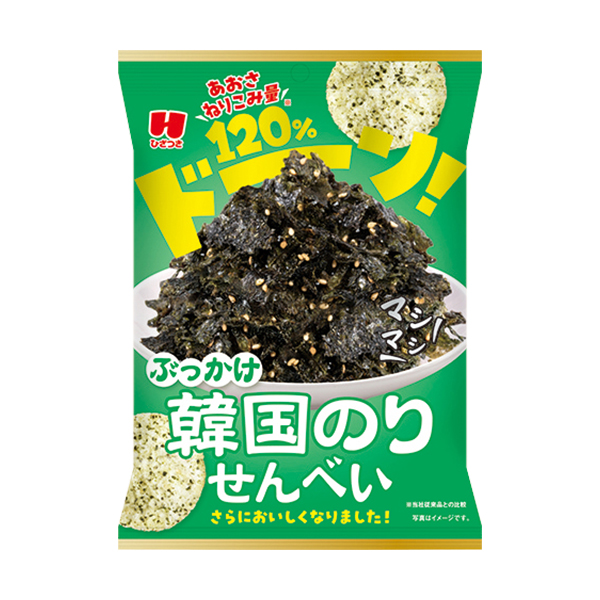 ファミリーマートのひざつき ぶっかけ韓国のりせんべいあおさ120％を比較する。税込価格：159円。ザクザク食感の生地にあおさを練り込み、韓国のりパウダーを掛けたのり好きにはたまらない濃厚な味わいです。 ［ファミリーマート先行発売・数量限定］。