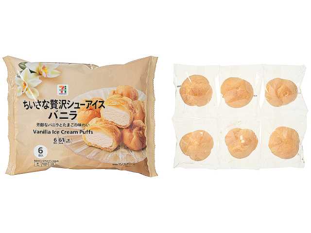 セブンイレブンの７プレミアム ちいさな贅沢シューアイスバニラを比較する。税込価格：322円、カロリー：61kcal、1円あたりカロリー：0.19kcal/円、たんぱく質：1.4g、1円あたりたんぱく質：0.01未満g/円、脂質：4.1g、炭水化物：4.7g、糖質：4.6g、食物繊維：0.1g、食塩相当量：0.1g。ミニサイズのシュー皮に濃厚な味わいを追求したバニラアイスを詰めたシューアイスです。アレルギー：卵、乳、小麦。