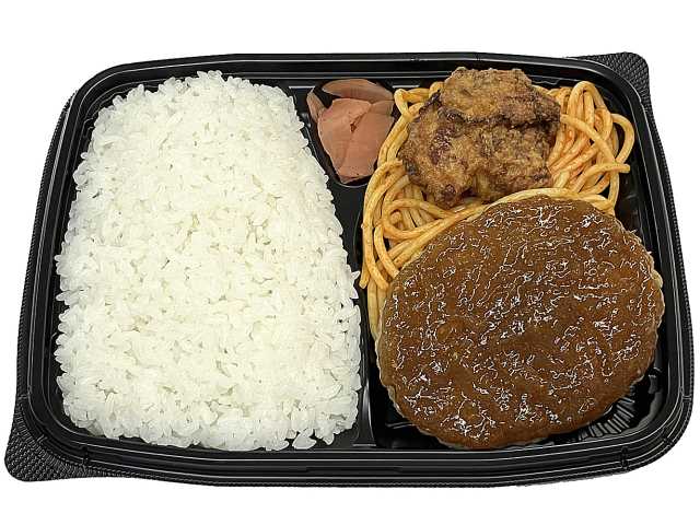 セブンイレブンのおかずが主役 ハンバーグ＆唐揚げ弁当を比較する。税込価格：594円、カロリー：634kcal、1円あたりカロリー：1.07kcal/円、たんぱく質：21.6g、1円あたりたんぱく質：0.04g/円、脂質：14.6g、炭水化物：104.7g、糖質：103.2g、食物繊維：1.5g、食塩相当量：4.6g。ハンバーグと唐揚げを盛り付けた、おかずが主役のお弁当です。アレルギー：卵、乳、小麦。
