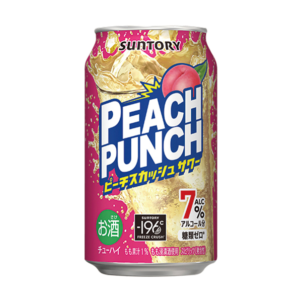 ファミリーマートのサントリー ピーチパンチ 350ml。税込価格：177円。-196℃製法によるもも浸漬酒を使用し、ももの果実感とピーチスカッシュらしい爽快な味わいを実現しました。パンチ感がある飲みごたえが特徴です。 【アルコール度数：7%】 ［ファミリーマート限定・数量限定］。