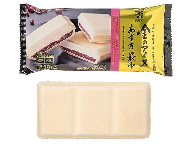セブンイレブンの７プレミアムゴールド 金のアイスあずき最中を比較する。税込価格：322円、カロリー：317kcal、1円あたりカロリー：0.98kcal/円、たんぱく質：3.8g、1円あたりたんぱく質：0.01g/円、脂質：12.7g、炭水化物：48g、糖質：45.6g、食物繊維：2.4g、食塩相当量：0.1g。クリームの配合を変更し、よりあずき本来の風味が引き立つ仕立てに改良しました。アレルギー：乳、小麦。