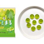 セブンイレブンのセブンプレミアム グミまる シャインマスカット味。税込価格：108円、カロリー：108kcal、たんぱく質：1.8g、脂質：0g、炭水化物：25.3g、糖質：25g、食物繊維：0.3g、食塩相当量：0g。シャインマスカット果汁を使用した２層のトロぷに食感。アレルギー：なし。