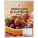 セブンイレブンの７プレミアム ミートボール。税込価格：119円、カロリー：216kcal、たんぱく質：9.4g、脂質：11.6g、炭水化物：19.1g、糖質：18.3g、食物繊維：0.8g、食塩相当量：1.8g。国産若鶏と有機トマトペーストを使用したミートボールです。アレルギー：小麦。