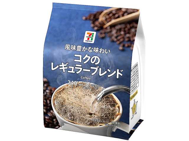 セブンイレブンの７プレミアム コクのレギュラーブレンド ２４０ｇを比較する。税込価格：732円、カロリー：3kcal、1円あたりカロリー：0.01未満kcal/円、たんぱく質：0.2g、1円あたりたんぱく質：0.01未満g/円、脂質：0g、炭水化物：0.7g、糖質：0.5g、食物繊維：0.2g、食塩相当量：0g。風味豊かな味わいと深いコクを感じられる仕立てにしました。毎日飲んでも飽きのこないバランスのとれた味わいのブレンドコーヒーです。アレルギー：なし。