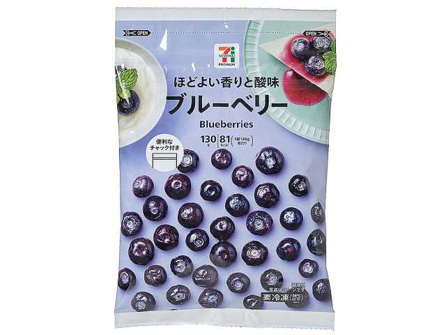 セブンイレブンの７プレミアム ブルーベリーを比較する。税込価格：268円、カロリー：81kcal、1円あたりカロリー：0.30kcal/円、たんぱく質：0.8g、1円あたりたんぱく質：0.01未満g/円、脂質：0.1g、炭水化物：21.5g、糖質：18.9g、食物繊維：2.6g、食塩相当量：0g。甘味と酸味のバランスが良い大粒サイズの冷凍ブルーベリーです。保存に便利なチャック付き包材入りです。アレルギー：なし。