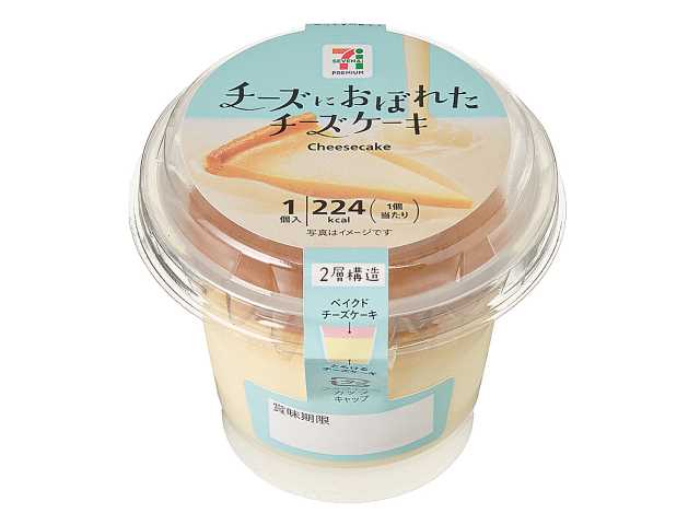 セブンイレブンの７プレミアム チーズにおぼれたチーズケーキを比較する。税込価格：203円、カロリー：224kcal、1円あたりカロリー：1.10kcal/円、たんぱく質：4.9g、1円あたりたんぱく質：0.02g/円、脂質：15g、炭水化物：17.6g、糖質：17.3g、食物繊維：0.3g、食塩相当量：0.4g。なめらかなチーズクリームとベイクドタイプのチーズスフレの２種類の食感が楽しめる２層仕立てのチーズケーキです。アレルギー：卵、乳、小麦。
