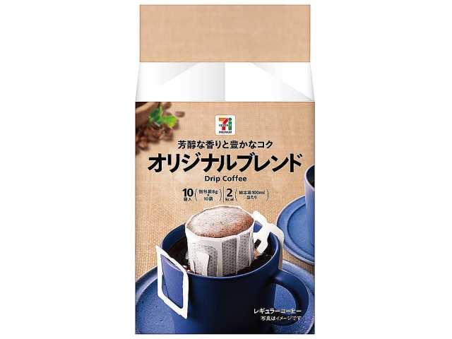 セブンイレブンの７Ｐ ドリップコーヒー オリジナルブレンド １０Ｐを比較する。税込価格：430円、カロリー：2kcal、1円あたりカロリー：0.01未満kcal/円、たんぱく質：0.2g、1円あたりたんぱく質：0.01未満g/円、脂質：0g、炭水化物：0.3g、糖質：0.2g、食物繊維：0.1g、食塩相当量：0g。アレルギー：なし。