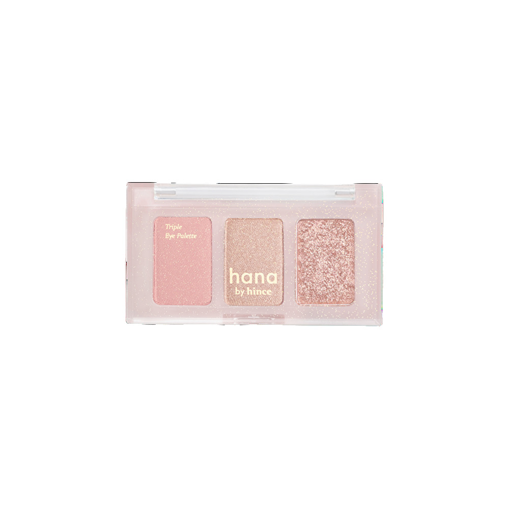 ファミリーマートのhana by hince トリプルアイパレット 04シャインピンク。税込価格：1,450円。輝くピンク＆ゴールドパールのアイシャドウです。 パールマット、角度によって立体感のあるハイライター、艶やかなグリッターの3色です。アイメイクはもちろん、ハイライトとしてもお使いいただけます。 ［数量限定］。