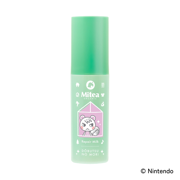ファミリーマートのMitea ORGANIC リペアミルク 100ml。税込価格：1,991円。「どうぶつの森」の特別なデザインです。 オールインワンとしてもOK。ふっくら厚みのあるうるおいとみずみずしくハリのあるミルクもちのような肌へと導く高保湿ミルクです。