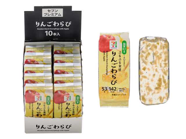 ７プレミアム りんごわらび セブンイレブン りんごの味わいと、果肉の食感、もっちりぷるんとした食感をワンハンドで手軽に楽しめるりんご味のわらび。