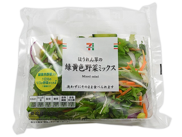 セブンイレブンのほうれん草の緑黄色野菜ミックス。税込価格：205円、カロリー：37kcal、たんぱく質：3g、脂質：0.8g、炭水化物：5.6g、糖質：3g、食物繊維：2.6g、食塩相当量：0.1g。ほうれん草などの緑黄色野菜をミックスした、１０品目具材入りのサラダです。厚生労働省が推奨する１日に必要な野菜量350ｇのうち、1/３日分の野菜量がとれます。アレルギー：なし。