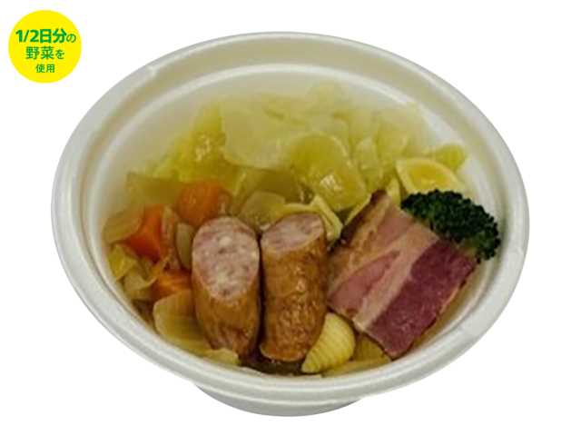 セブンイレブンの野菜とソーセージの 具だくさんポトフを比較する。税込価格：443円、カロリー：184kcal、1円あたりカロリー：0.42kcal/円、たんぱく質：12.4g、1円あたりたんぱく質：0.03g/円、脂質：9.4g、炭水化物：15g、糖質：9.7g、食物繊維：5.3g、食塩相当量：3.5g。野菜、ソーセージ、ベーコン、マカロニが入った具だくさんなポトフです。アレルギー：卵、乳、小麦。
