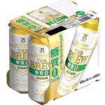 セブンイレブンの７Ｐ ザ・ブリュー 糖質ゼロ マルチパック ５００ｍｌを比較する。税込価格：1,386円、カロリー：28kcal、1円あたりカロリー：0.02kcal/円、たんぱく質：0.3g、1円あたりたんぱく質：0.01未満g/円、脂質：0g、炭水化物：2.2g、食塩相当量：0g。厳選麦芽使用による、麦のうまみを引き出した糖質0。