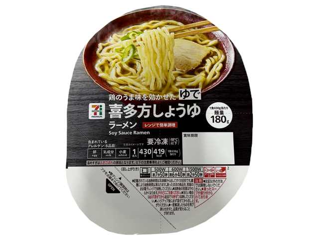セブンイレブンの７プレミアム 喜多方しょうゆラーメンを比較する。税込価格：322円、カロリー：419kcal、1円あたりカロリー：1.30kcal/円、たんぱく質：19.4g、1円あたりたんぱく質：0.06g/円、脂質：6g、炭水化物：74g、糖質：69.7g、食物繊維：4.3g、食塩相当量：4.4g。鶏のうま味を効かせた喜多方しょうゆラーメンです。アレルギー：卵、乳、小麦。