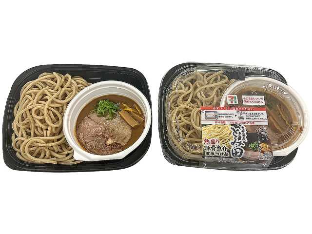 中華蕎麦とみ田監修 濃厚豚骨魚介 熱盛つけ麺 セブンイレブン 「中華蕎麦とみ田」監修の、温かい麺と温かいつゆで食べる熱盛つけ麺。