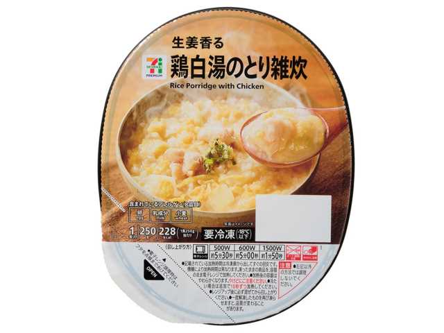 セブンイレブンの７プレミアム 鶏白湯のとり雑炊を比較する。税込価格：322円、カロリー：228kcal、1円あたりカロリー：0.71kcal/円、たんぱく質：9.3g、1円あたりたんぱく質：0.03g/円、脂質：5.5g、炭水化物：36.5g、糖質：34.2g、食物繊維：2.3g、食塩相当量：1.9g。生姜香る鶏白湯のとり雑炊です。アレルギー：卵、乳、小麦。