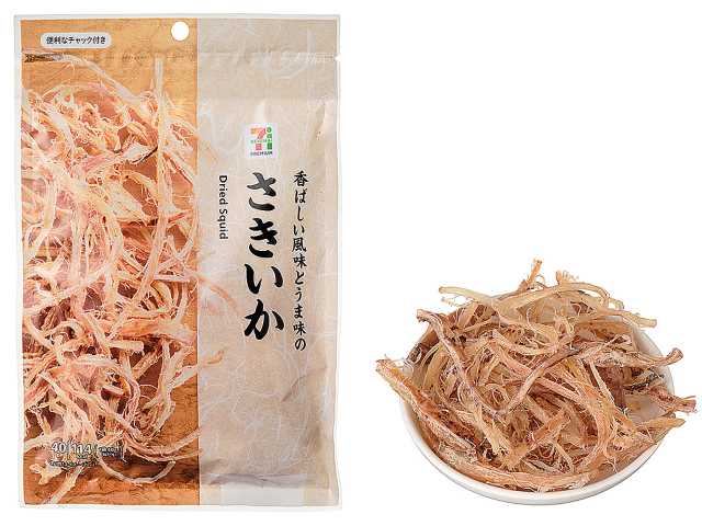 セブンイレブンの７プレミアム さきいか ４０ｇを比較する。税込価格：473円、カロリー：114kcal、1円あたりカロリー：0.24kcal/円、たんぱく質：19.8g、1円あたりたんぱく質：0.04g/円、脂質：0.2g、炭水化物：8.5g、糖質：8.4g、食物繊維：0.1g、食塩相当量：2.1g。アカイカを使用し、噛み切りやすく柔らかい食感に仕上げています。アレルギー：なし。