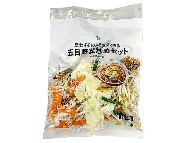 セブンイレブンの７プレミアム 五目野菜炒めセット。税込価格：127円、カロリー：17kcal、たんぱく質：1.6g、脂質：0.1g、炭水化物：3.6g、糖質：2.1g、食物繊維：1.5g、食塩相当量：0g。