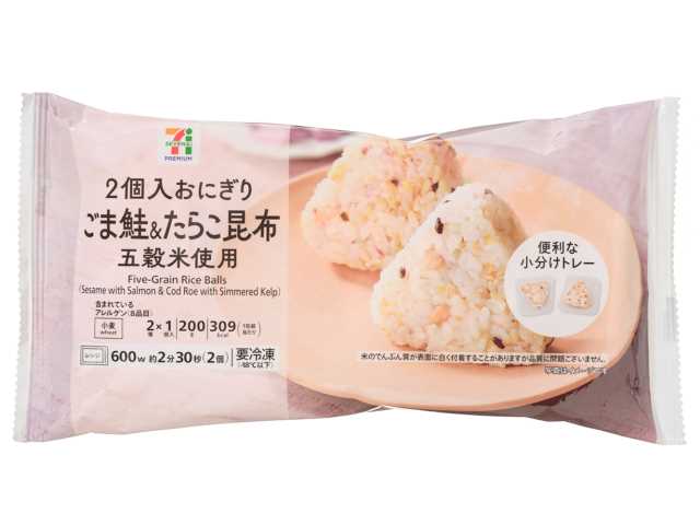 セブンイレブンの７Ｐ ２個入おにぎり ごま鮭＆たらこ昆布を比較する。税込価格：214円、カロリー：155kcal、1円あたりカロリー：0.72kcal/円、たんぱく質：3.8g、1円あたりたんぱく質：0.02g/円、脂質：1.1g、炭水化物：33.2g、糖質：31.8g、食物繊維：1.4g、食塩相当量：1.1g。五穀米を使用し、旨味たっぷりの味わいに仕上げた２個入おにぎり（ごま鮭＆たらこ昆布）です。アレルギー：小麦。