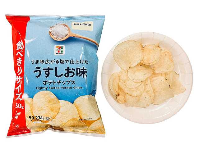セブンイレブンの７Ｐ ポテトチップス うすしお味 ５０ｇを比較する。税込価格：117円、カロリー：274kcal、1円あたりカロリー：2.35kcal/円、たんぱく質：2.7g、1円あたりたんぱく質：0.02g/円、脂質：17.5g、炭水化物：27.3g、糖質：25.3g、食物繊維：2g、食塩相当量：0.5g。粒度の異なる鳴門のうず塩の奥深い味わいに昆布のうまみが絶妙なおいしさです。アレルギー：なし。