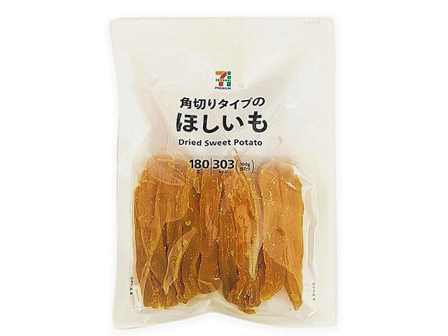 セブンイレブンの７プレミアム干しいも。税込価格：387円、カロリー：260kcal、たんぱく質：3.9g、脂質：0.5g、炭水化物：62.4g、糖質：57.4g、食物繊維：5g、食塩相当量：0.3g。ほど良い食感と素朴な甘さが特長の干しいもです。アレルギー：なし。