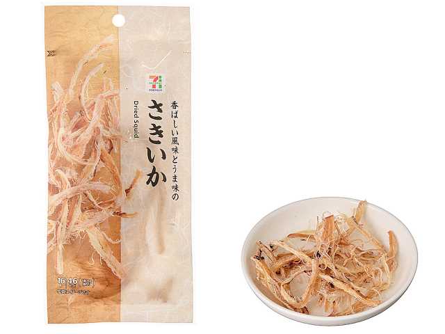セブンイレブンの７プレミアム さきいか １６ｇを比較する。税込価格：214円、カロリー：46kcal、1円あたりカロリー：0.22kcal/円、たんぱく質：7.9g、1円あたりたんぱく質：0.04g/円、脂質：0.1g、炭水化物：3.4g、糖質：3.4g、食物繊維：0g、食塩相当量：0.8g。アカイカを使用。噛み切りやすく柔らかい食感に仕上げています。アレルギー：なし。