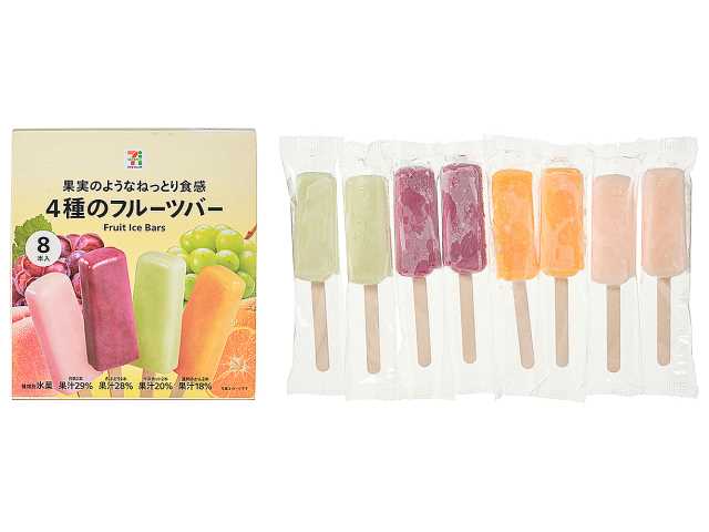 セブンイレブンの７プレミアム ４種のフルーツバーマルチを比較する。税込価格：365円、カロリー：488kcal、1円あたりカロリー：1.34kcal/円、たんぱく質：0.2g、1円あたりたんぱく質：0.01未満g/円、脂質：0g、炭水化物：122.2g、糖質：121.4g、食物繊維：0.8g、食塩相当量：0.1g。年間を通じて楽しめるフレーバーをアソート化した、本物のフルーツのような味わいと食感にこだわったアイスバーです。アレルギー：なし。