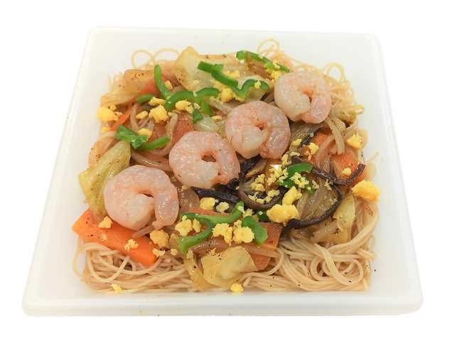 セブンイレブンの海老と野菜の焼ビーフンを比較する。税込価格：432円、カロリー：332kcal、1円あたりカロリー：0.77kcal/円、たんぱく質：7g、1円あたりたんぱく質：0.02g/円、脂質：12.2g、炭水化物：50.1g、糖質：46.8g、食物繊維：3.3g、食塩相当量：3.6g。海老の旨味と香ばしく炒めた野菜を感じられるビーフンです。オイスターソースを使用し、海鮮の旨味を引き立てた味わいに仕上げています。アレルギー：卵、乳、小麦、えび、かに。